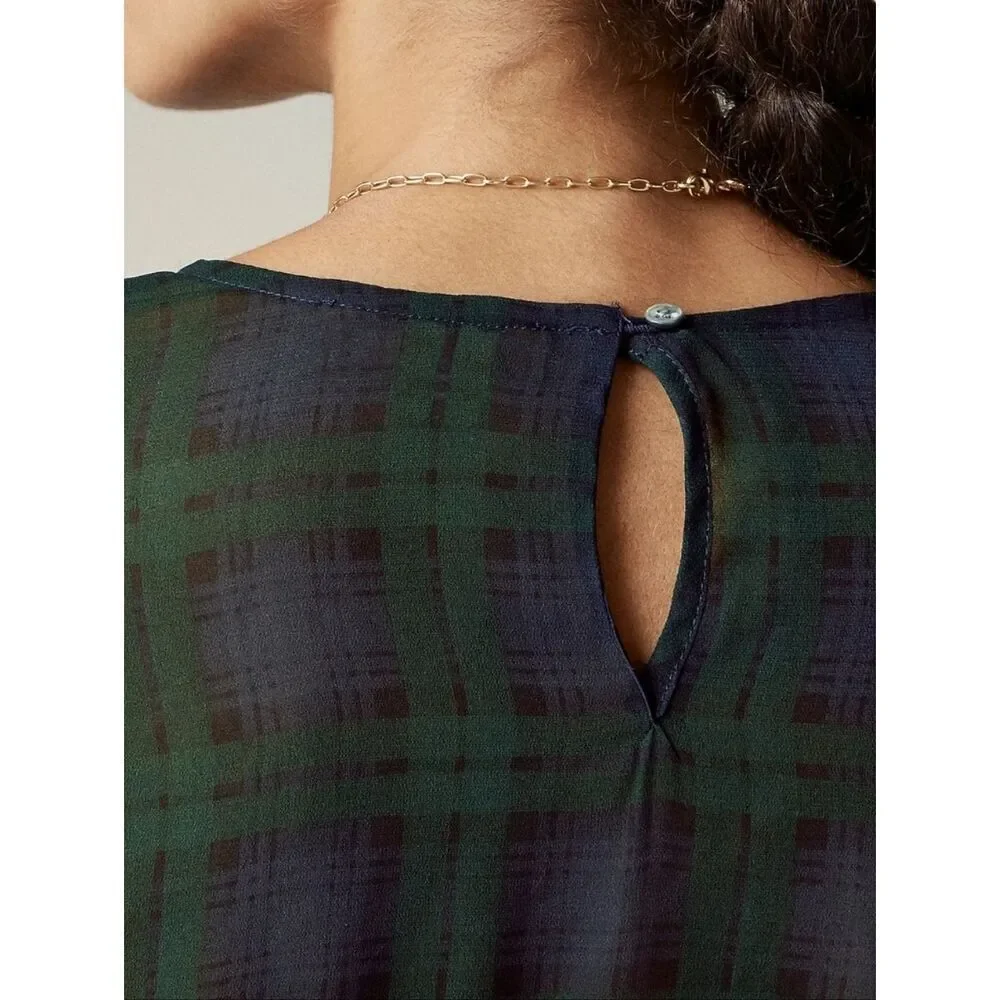 J. Crew Chiffon Shirred Waist Blouse In Black Watch Tartan With Camisole NWT